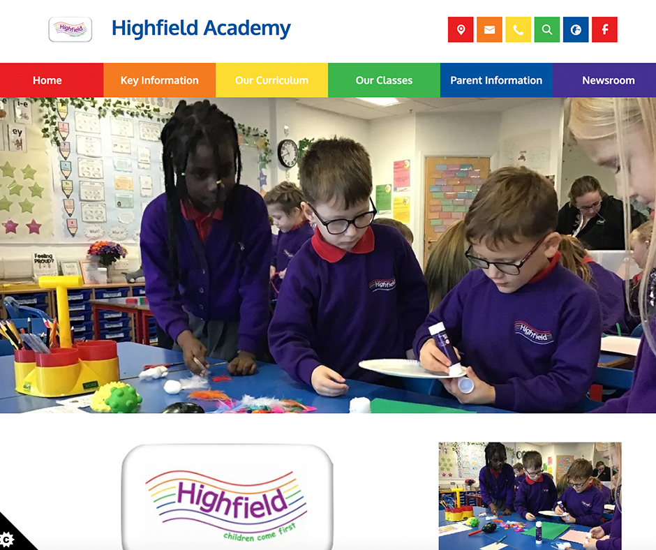 Highfield Academy Rainbow coloured website design