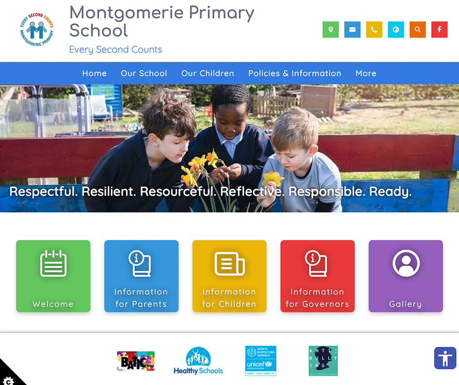 Montgomerie Primary School multi-coloured primary school website design