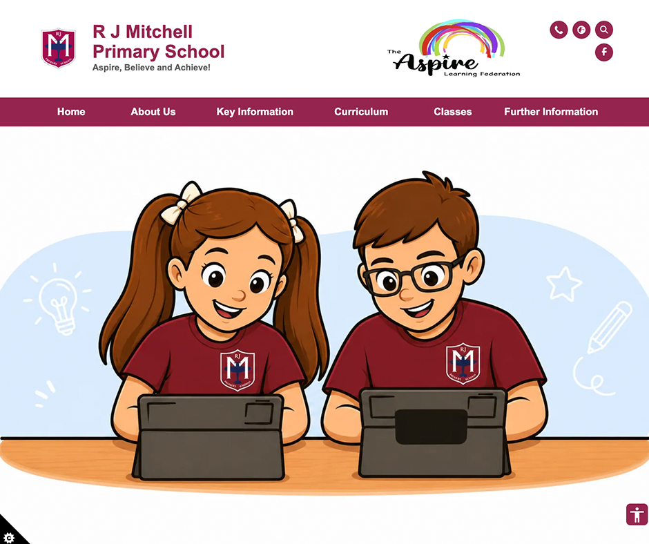 R J Mitchell Primary School burgundy white bespoke school web design with cartoon