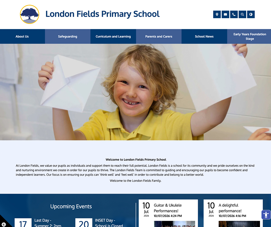 London Fields Primary School blue theme school website design